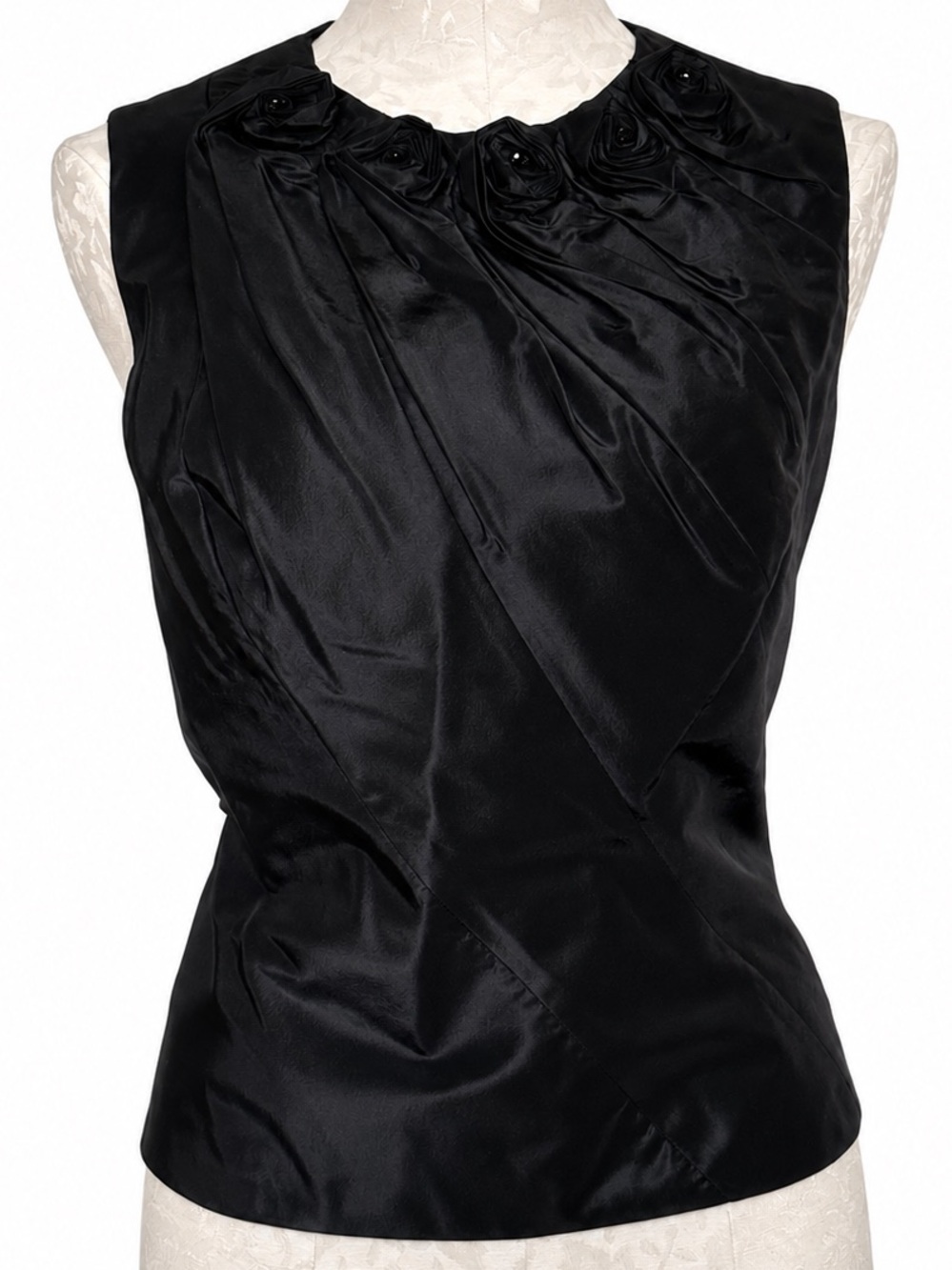 Carmen Marc Valvo Collection Black Silk Rosette Sleeveless Blouse Top Size 14